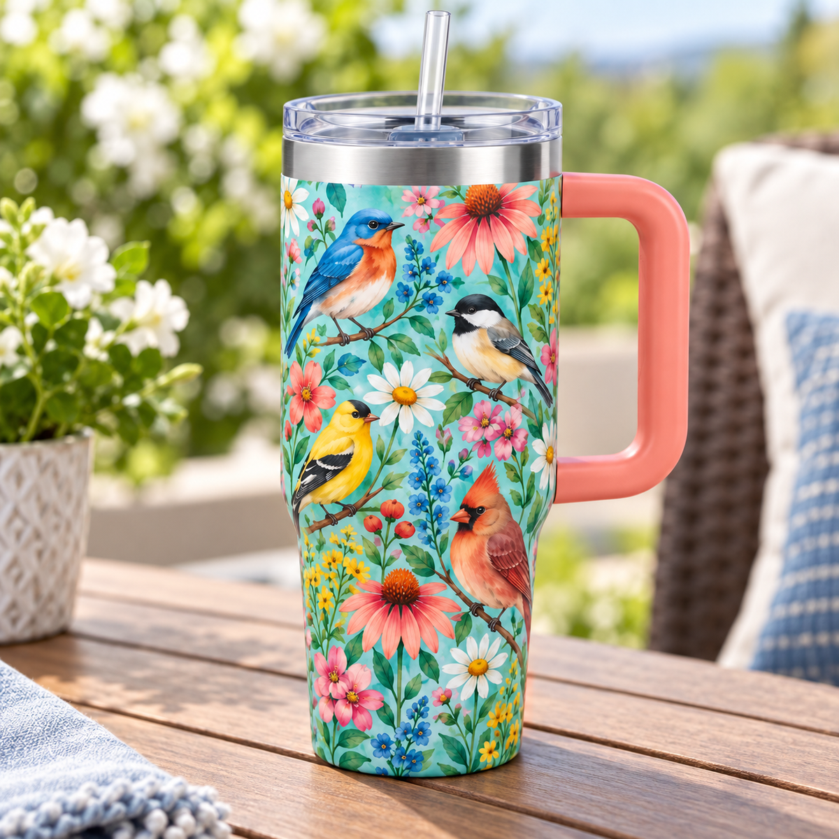 Garden Songbird Travel Tumbler – Floral Cup with Handle, Clear Lid & Straw