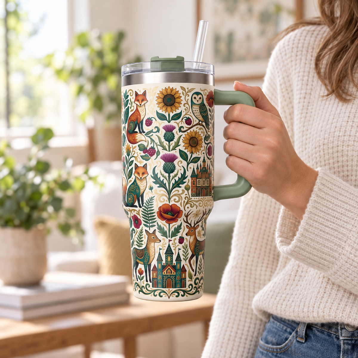 Enchanted Woodland Folk Art 40 oz Insulated Tumbler with Handle and Straw