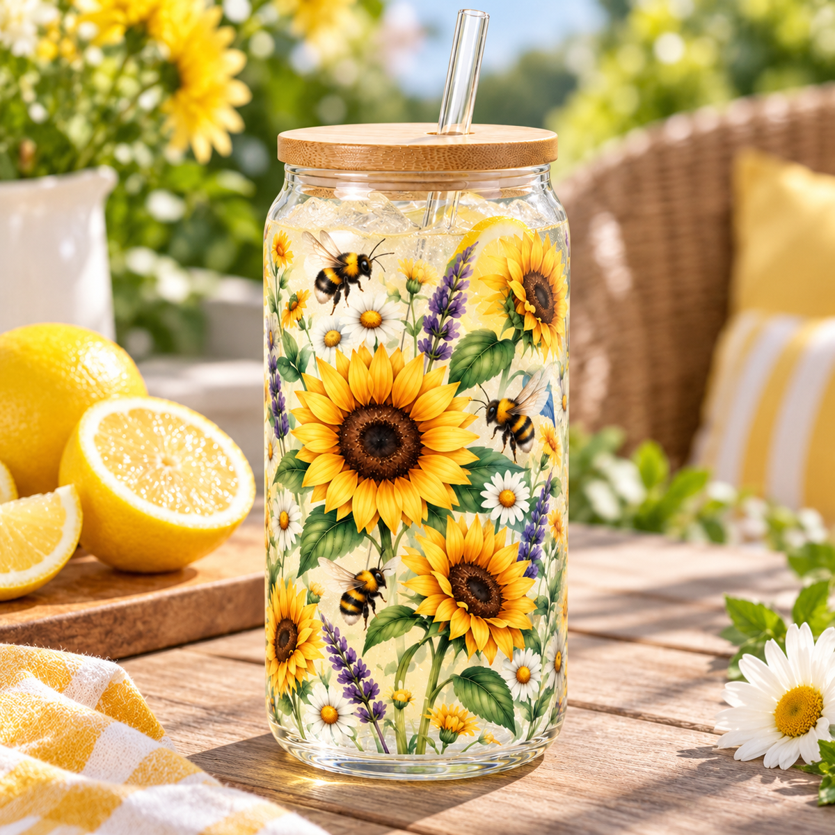 Sunflower & Bumblebee Garden Glass Tumbler – Floral Drinking Glass with Bamboo Lid & Reusable Straw
