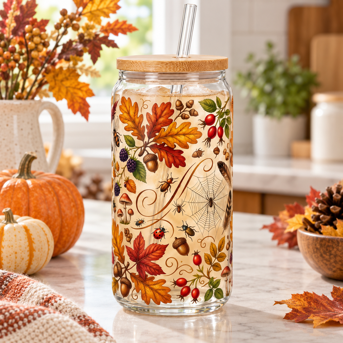 Autumn Woodland Glass Tumbler – Fall Botanical Drinking Glass with Bamboo Lid & Reusable Straw