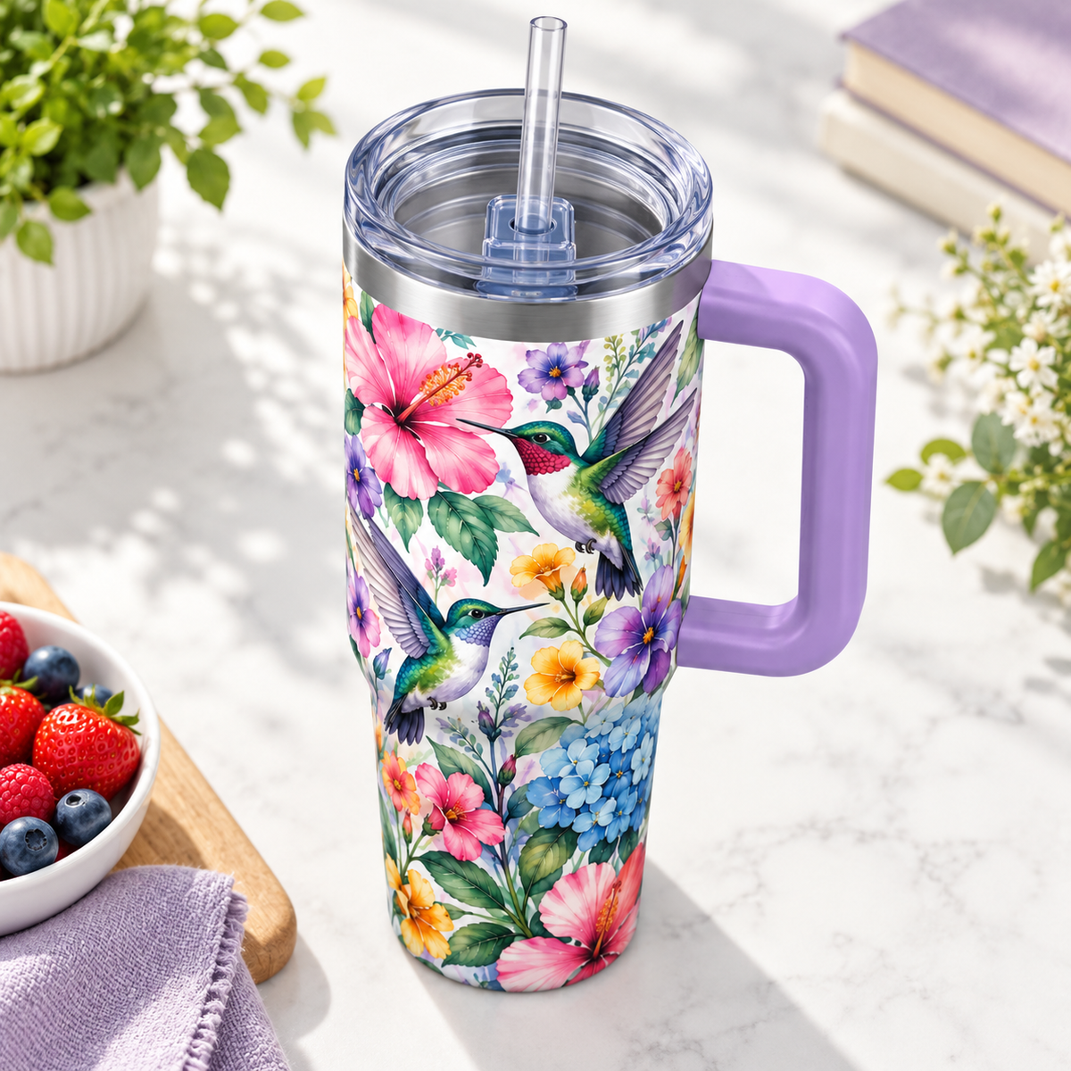 Hummingbird Bloom Travel Tumbler – Floral Insulated Cup with Handle, Clear Lid & Straw