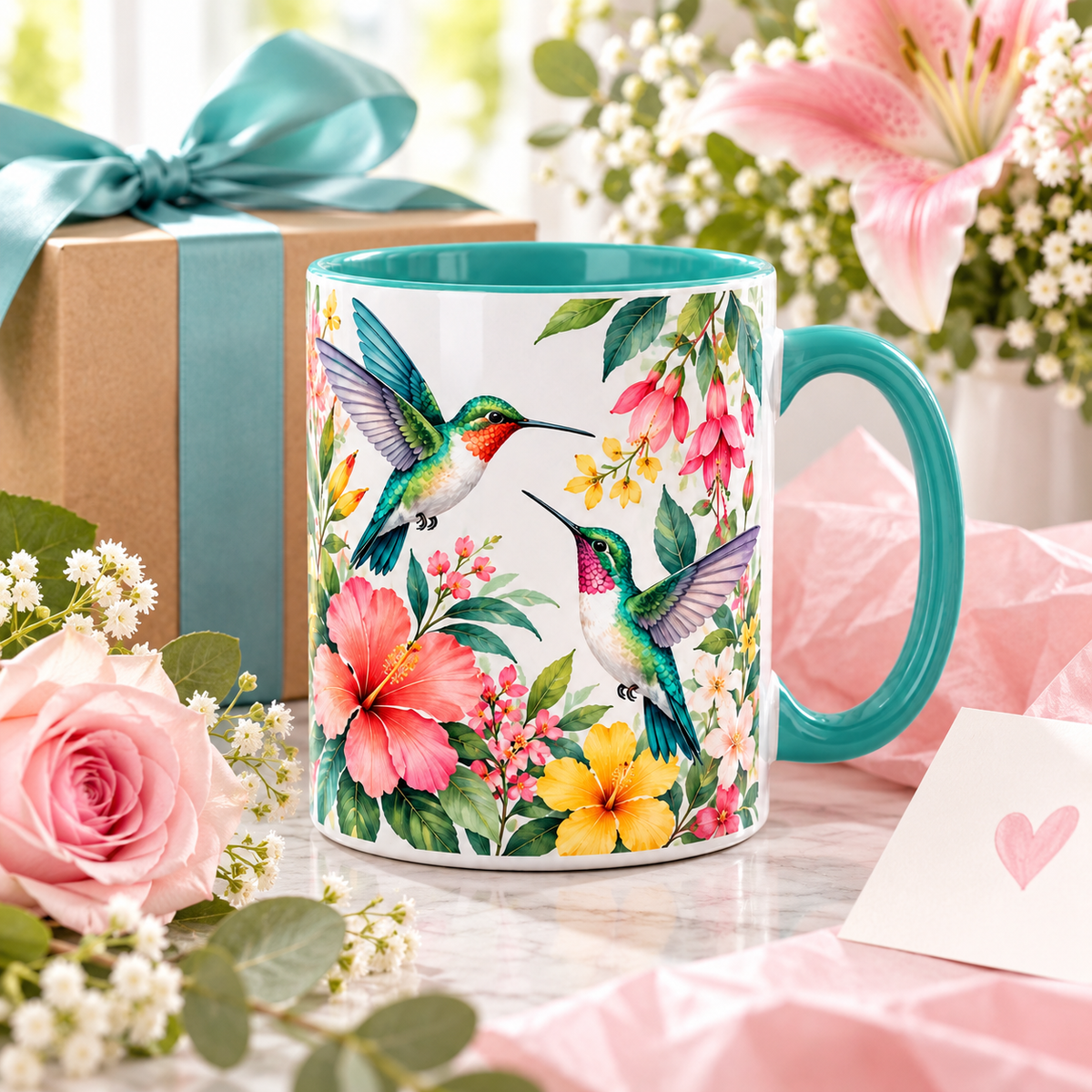 Hummingbird Garden Ceramic Mug – Colorful Floral Coffee Cup with Turquoise Interior & Handle