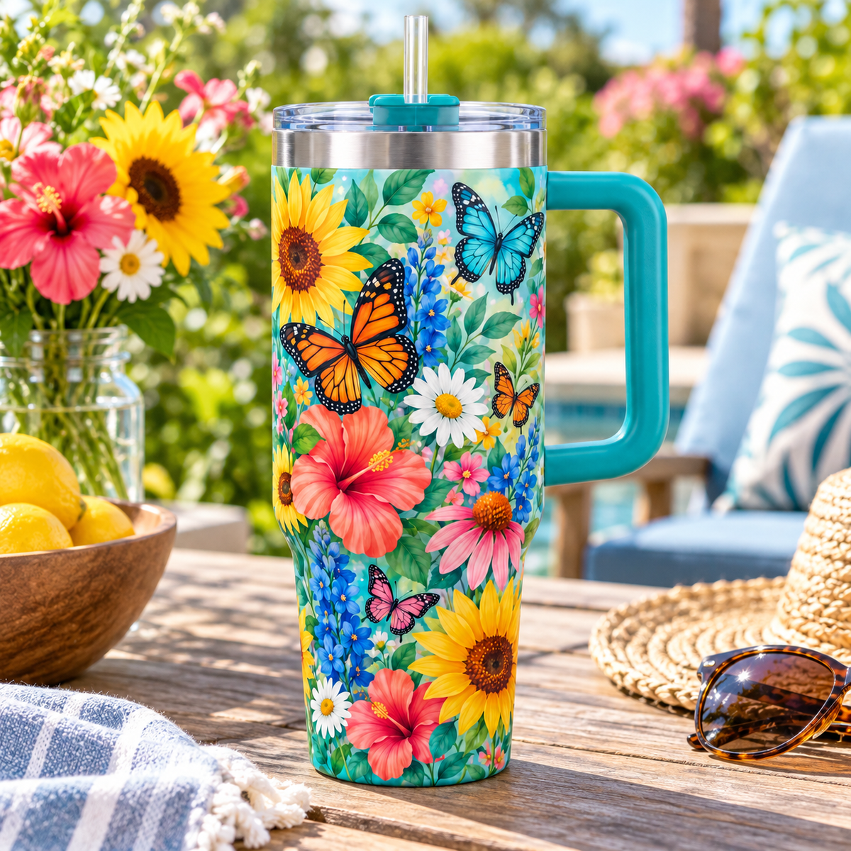 Butterfly Garden Travel Tumbler – Floral Insulated Cup with Handle, Lid & Straw