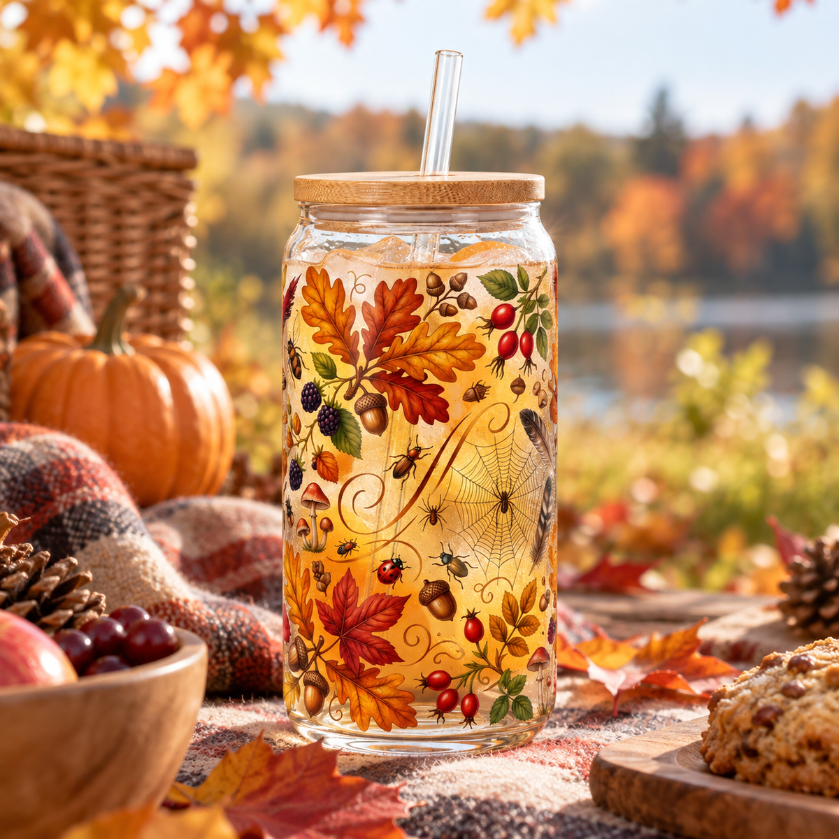 Autumn Woodland Glass Tumbler – Fall Botanical Drinking Glass with Bamboo Lid & Reusable Straw