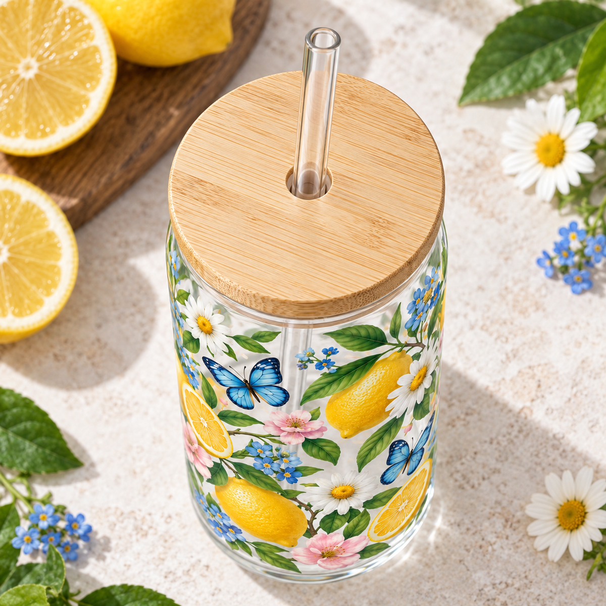 Lemon Butterfly Garden Glass Tumbler – Floral Drinking Glass with Bamboo Lid & Reusable Straw