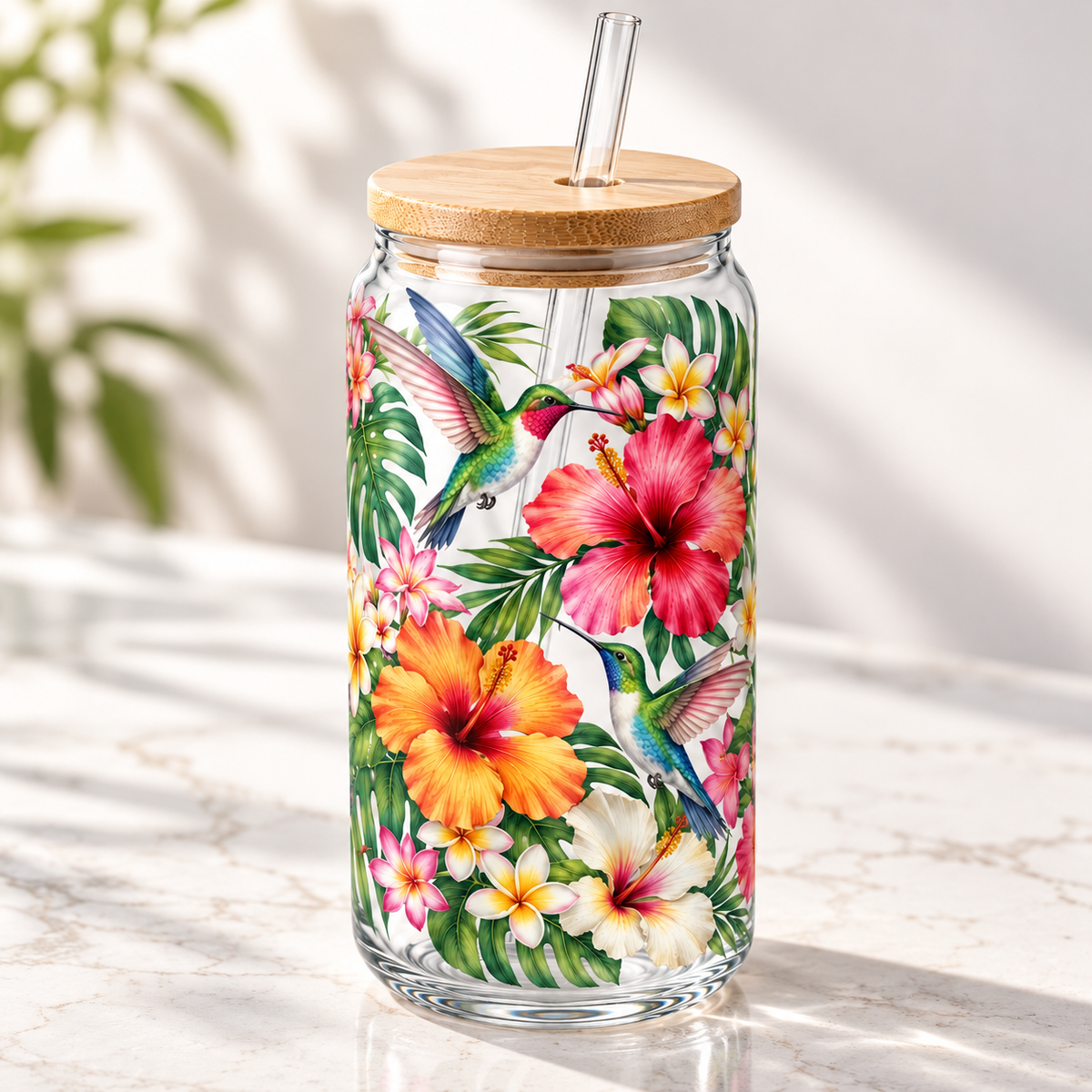 Tropical Hummingbird Garden Glass Tumbler – Floral Drinking Glass with Bamboo Lid & Reusable Straw
