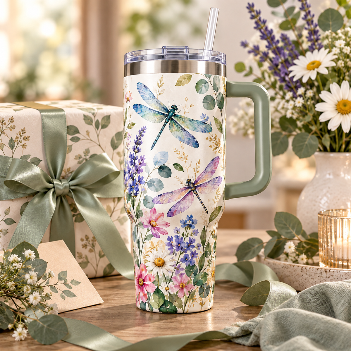 Dragonfly Meadow Travel Tumbler – Floral Insulated Cup with Handle, Clear Lid & Straw