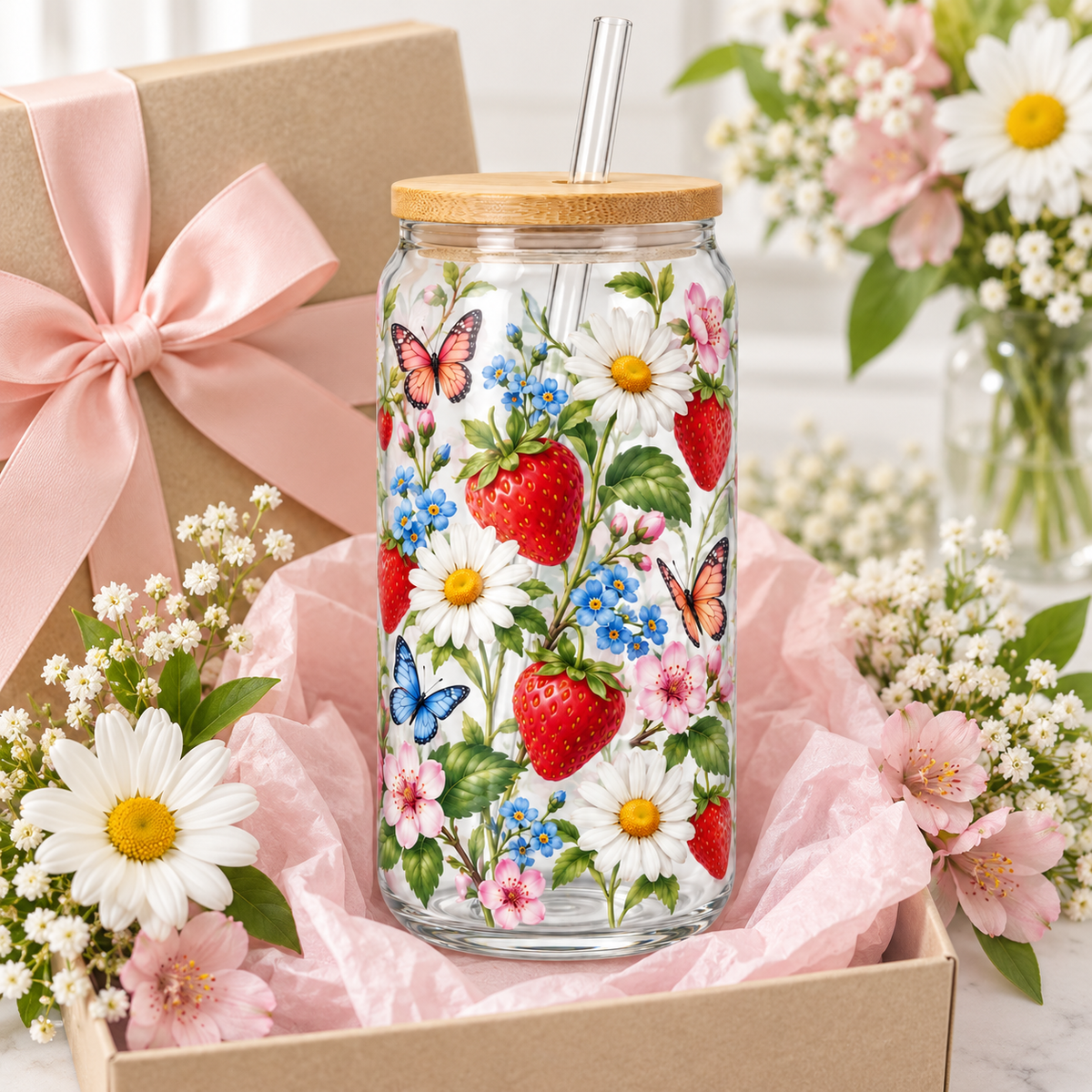 Strawberry Meadow Glass Tumbler – Floral Drinking Glass with Bamboo Lid & Reusable Straw