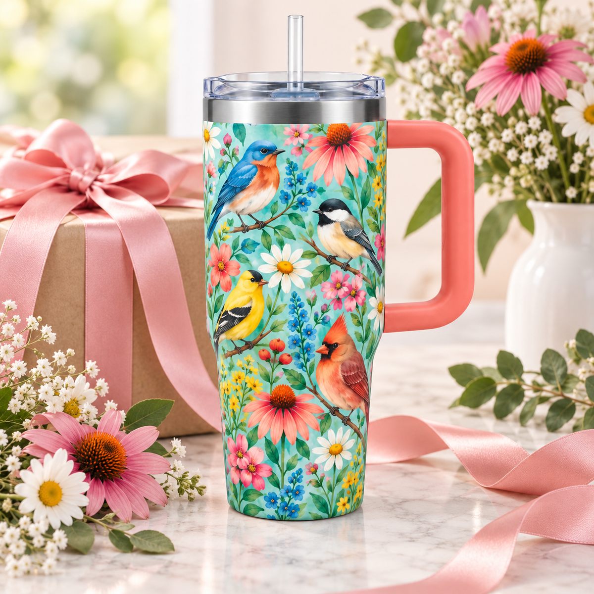 Garden Songbird Travel Tumbler – Floral Cup with Handle, Clear Lid & Straw